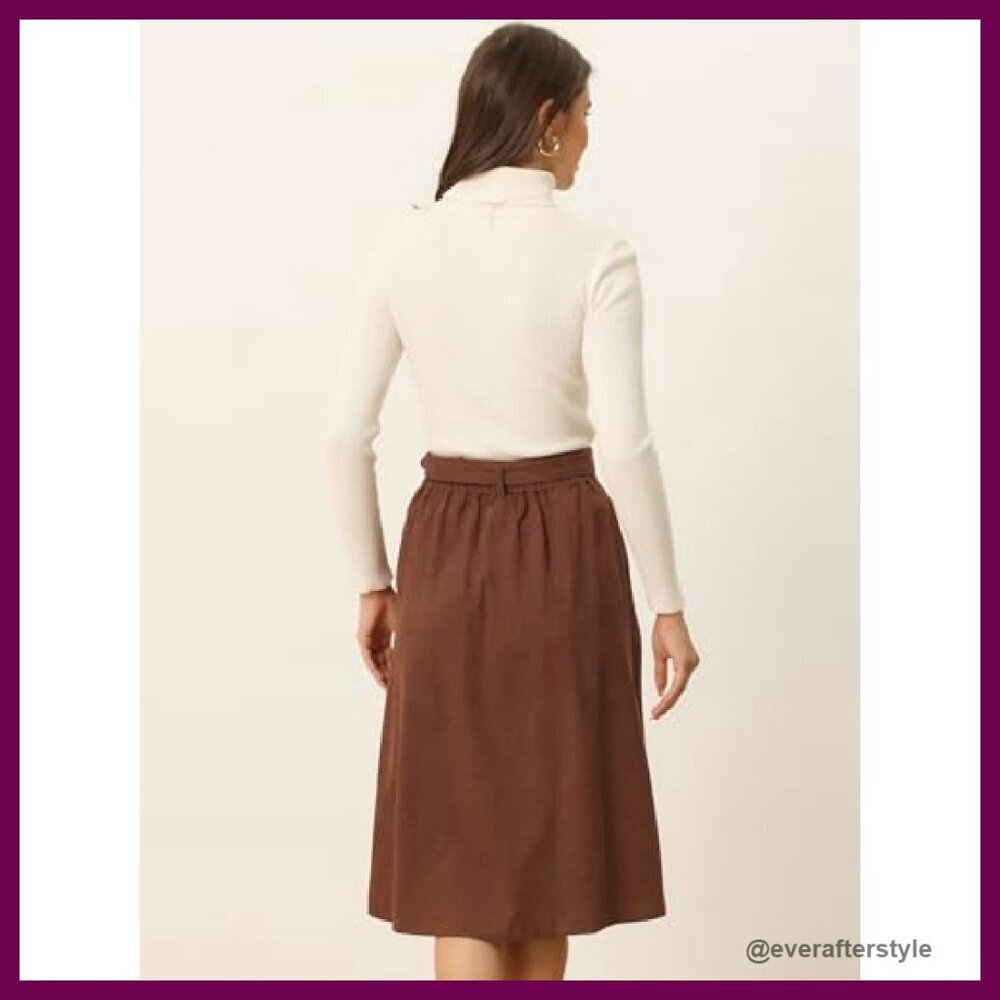 Corduroy Midi Skirt High Waist A-Line Retro Chic Button Front Belted - Picture 5 of 8
